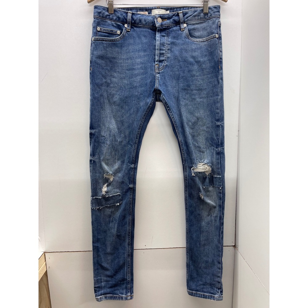 Topman Mens Stretch Skinny Distressed Ripped Blue Denim Jeans 30R